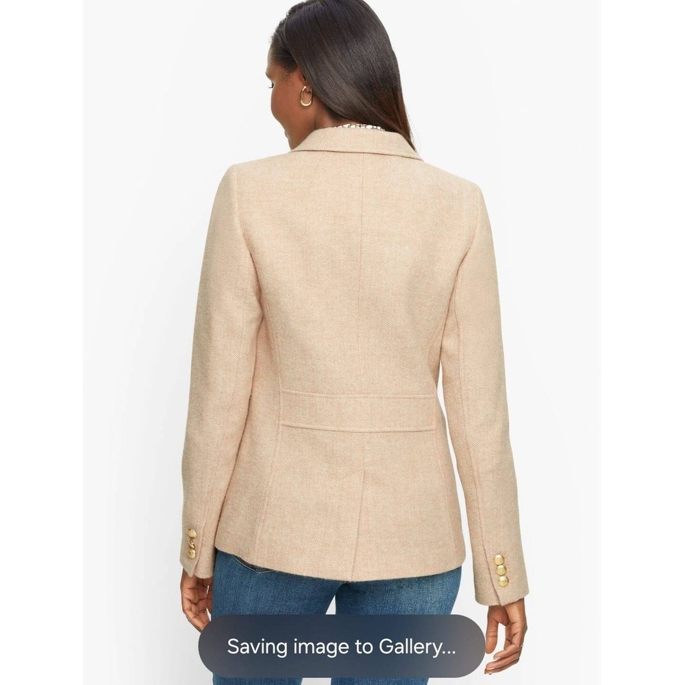 Talbots Womens Tan Herringbone Wool Blend Blazer Gold Button Jacket Size 8 - Picture 2 of 10